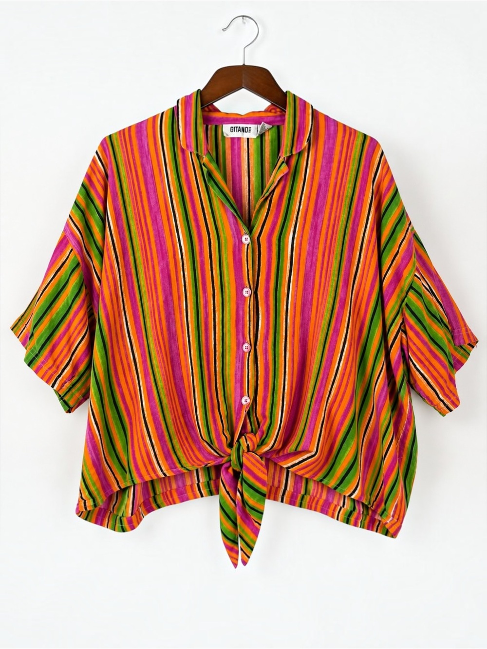 Vintage 90s Gitano Rainbow Stripe Tie Front Cotton Blouse XL